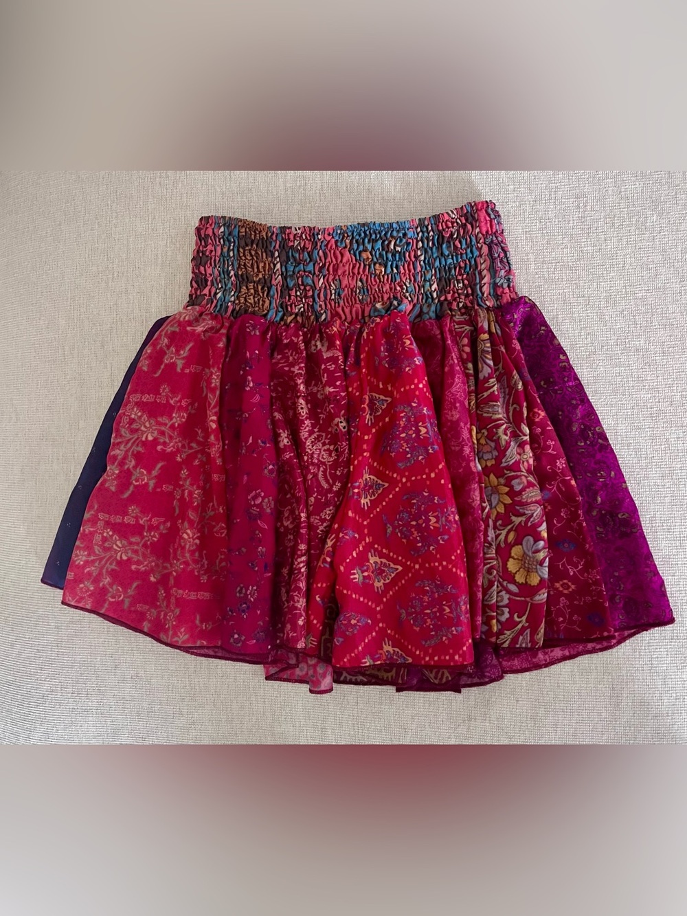 100% Silk Boho Patchwork Smocked Waist MINI Skort - Pink Vintage CYN India